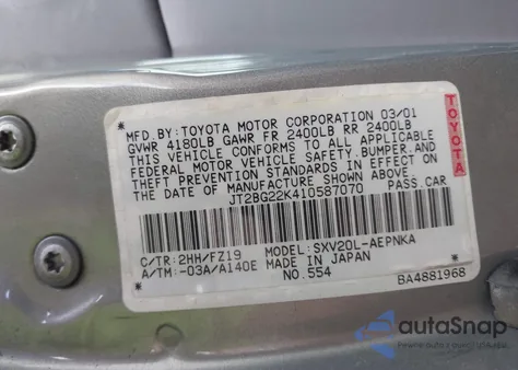 2001 Toyota Camry Le from USA, damaged, VIN JT2BG22K410587070